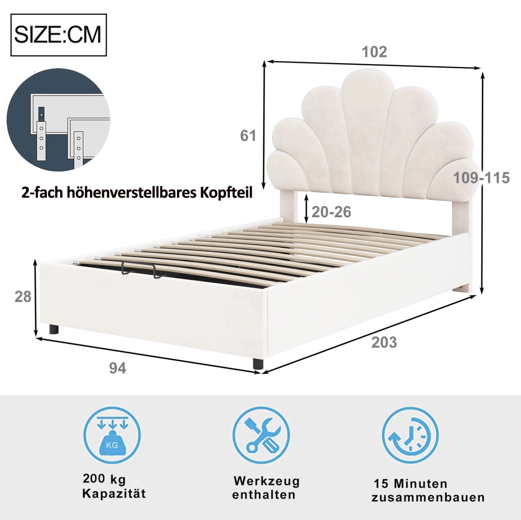 Letto imbottito 90 x 200 cm in velluto con contenitore idraulico; beige