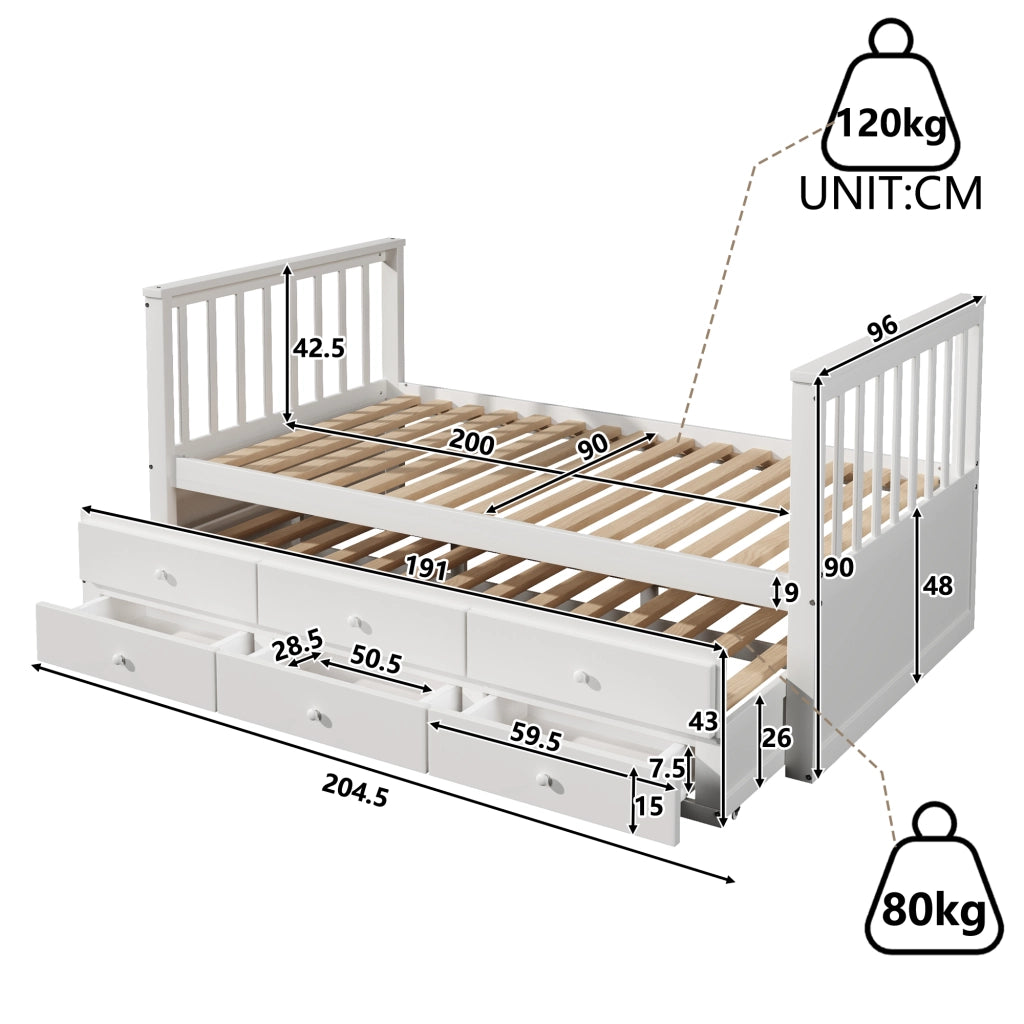 Letto singolo estraibile con tre cassetti in legno e MDF bianco per bambini e ospiti dal design elegante