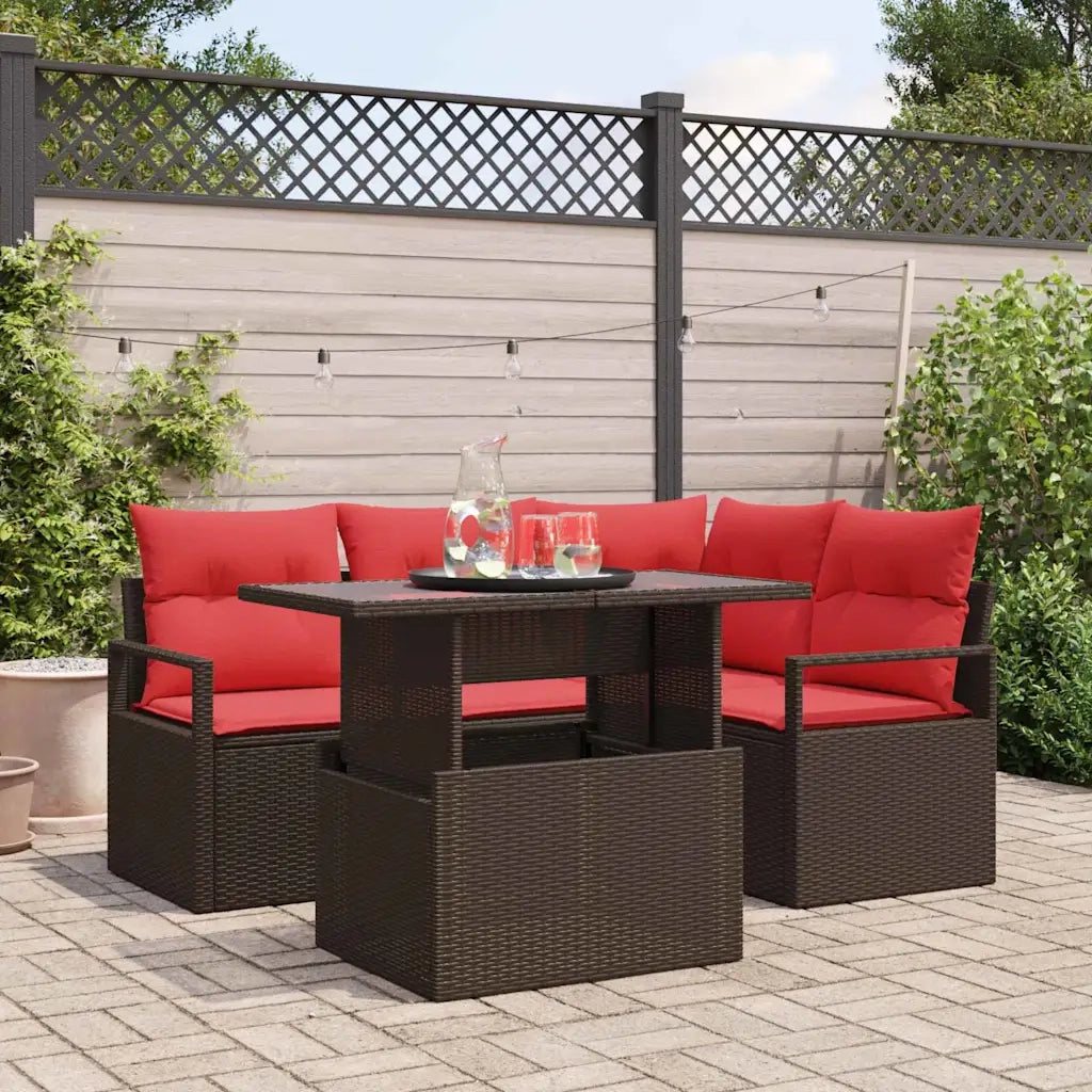 Set Divano da Giardino 5 pcs Marrone e Rosso polyrattan