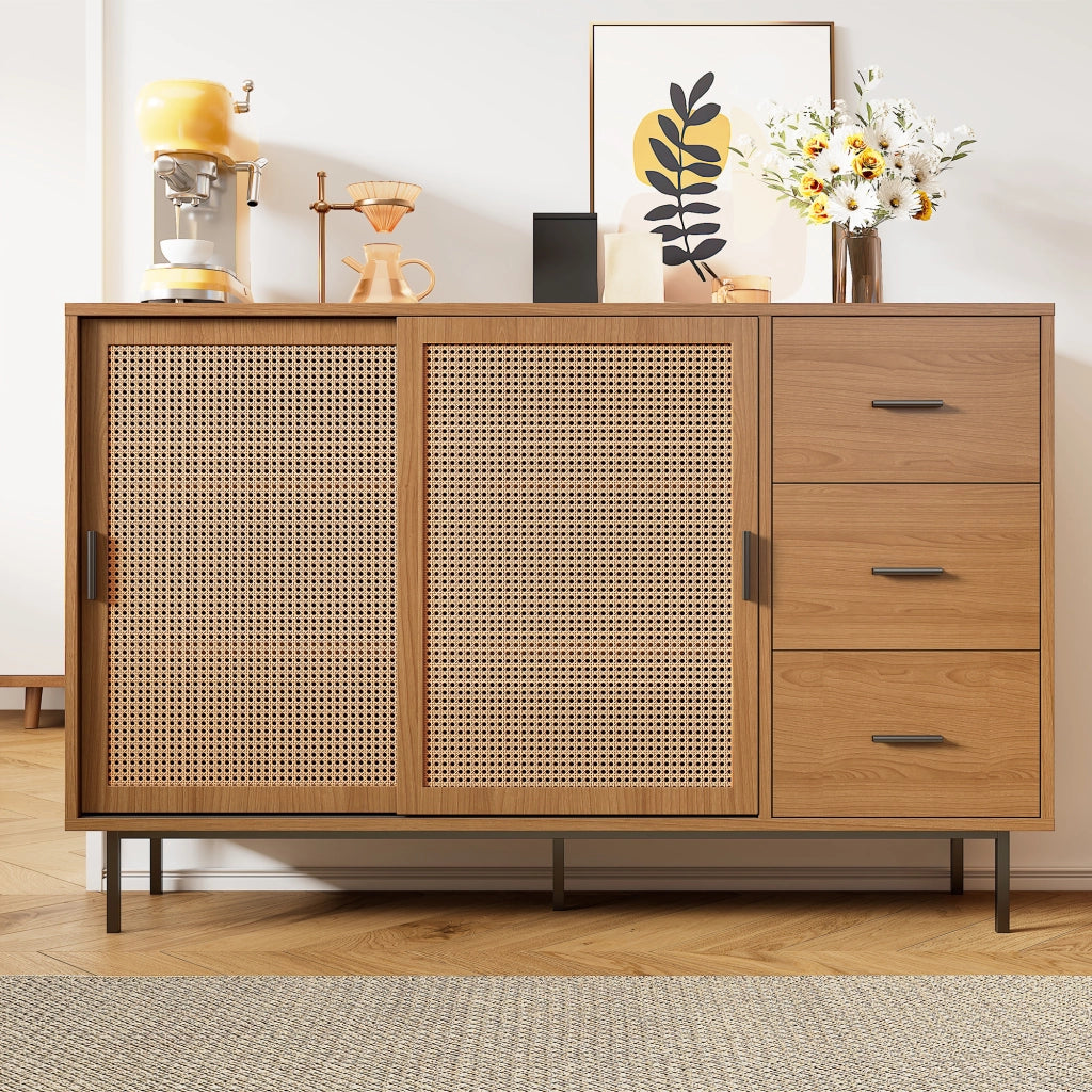 OKWISH Credenza con 2 Ante Scorrevoli in Rattan e 3 Cassetti, per Soggiorno o Sala da Pranzo, Truciolare, 140 x 37 x 91 cm