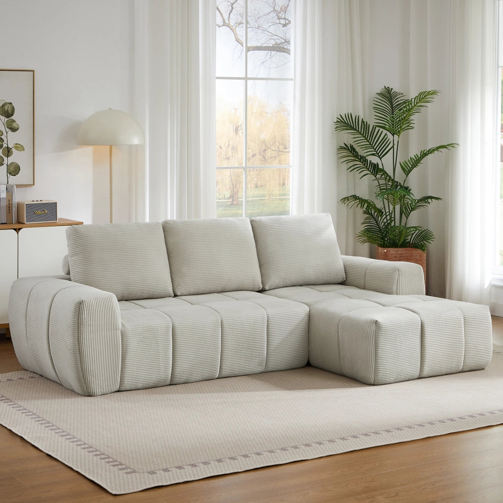 Divano angolare in velluto a coste con design segmentato e cuscini sfoderabili senza montaggio per soggiorno beige
