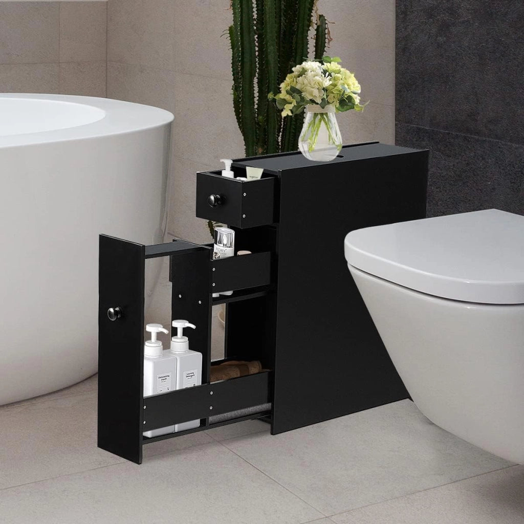 Mobiletto Bagno Sottile, Armadietto per Gabinetto da Terra, Legno, con Cassetti Scorrevoli, Multiuso e Salvaspazio, 16 x 48 x 58 cm (nero)