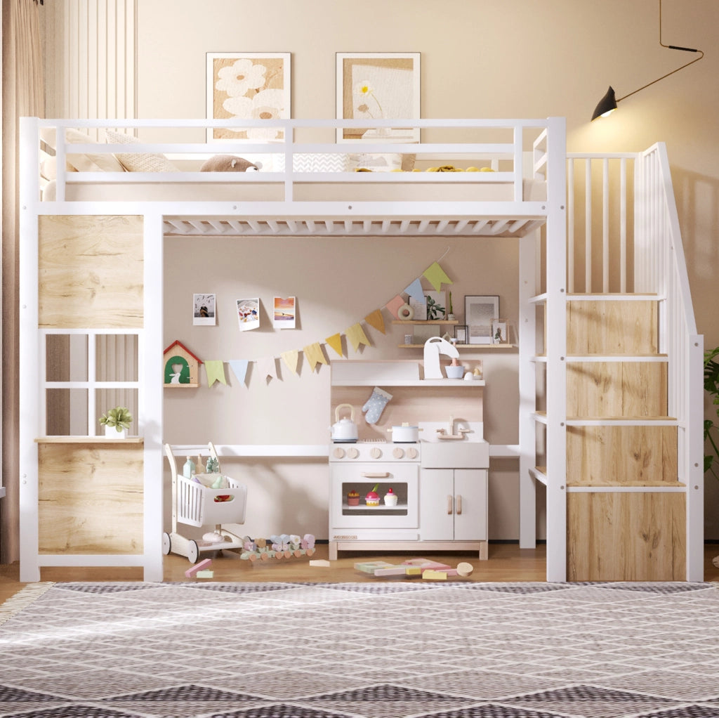 Letto a soppalco 90x200 cm in MDF e metallo; bianco; con scala contenitore e area gioco