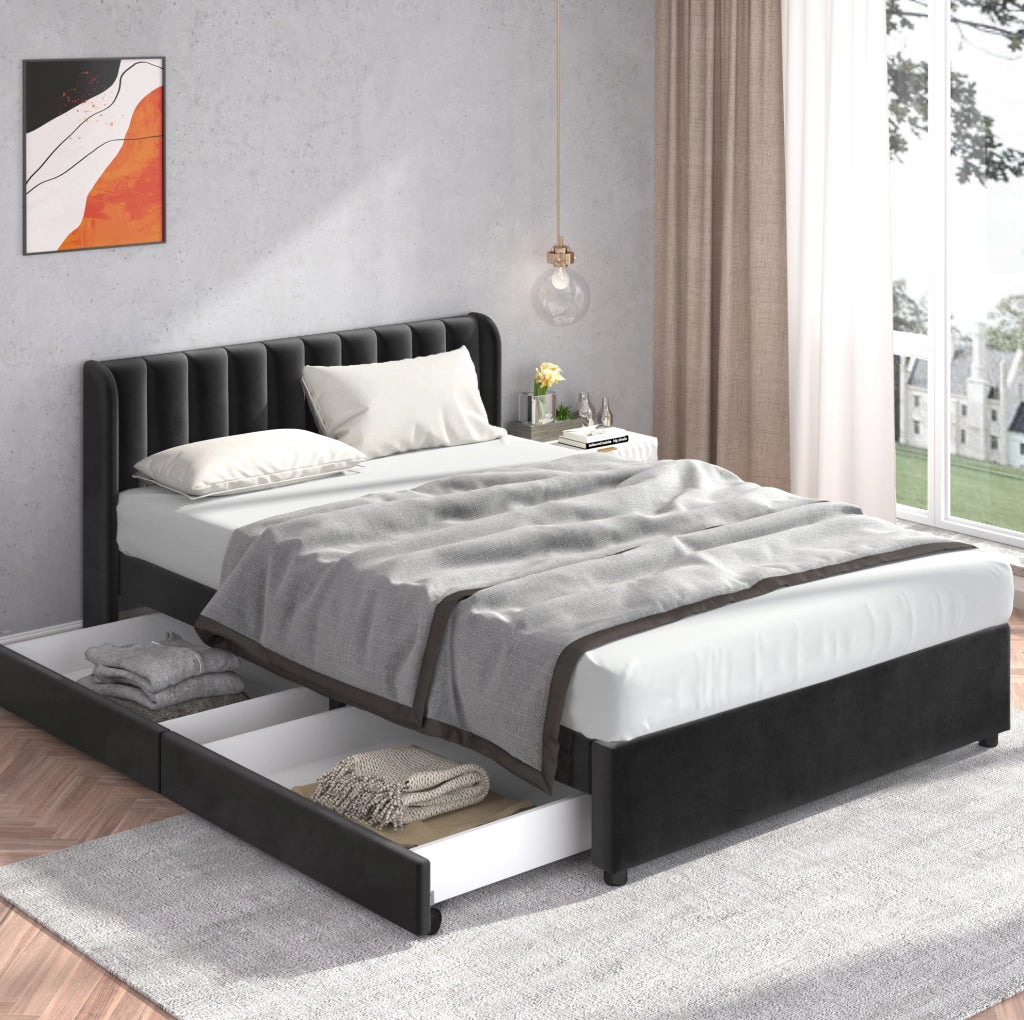 Letto matrimoniale 140x200 cm in velluto nero con testiera alta; rete a doghe e 2 cassetti