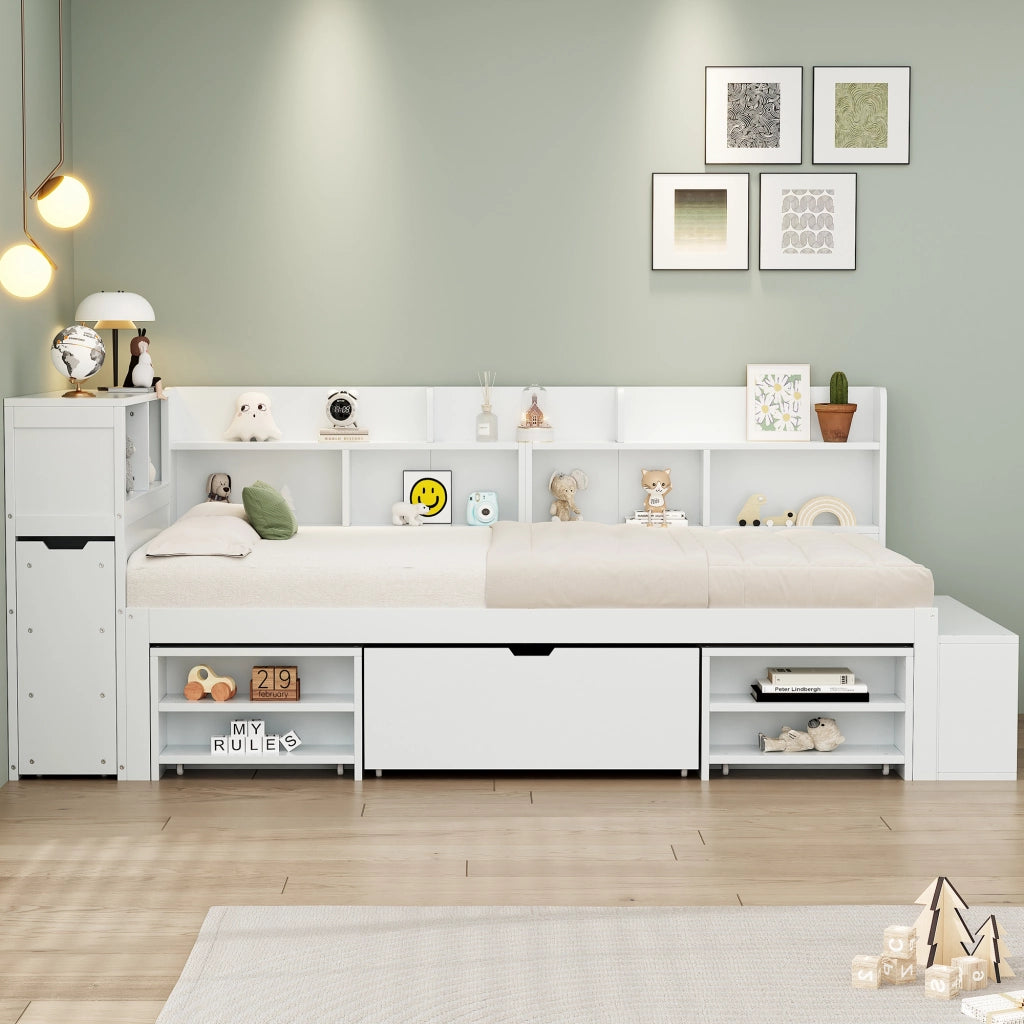OKWISH Letto Bambino 90×200 cm, Letto Singolo con 1 Cassetto, Mensole e Armadietti Contenitore, senza Materasso, in Compensato, Bianco