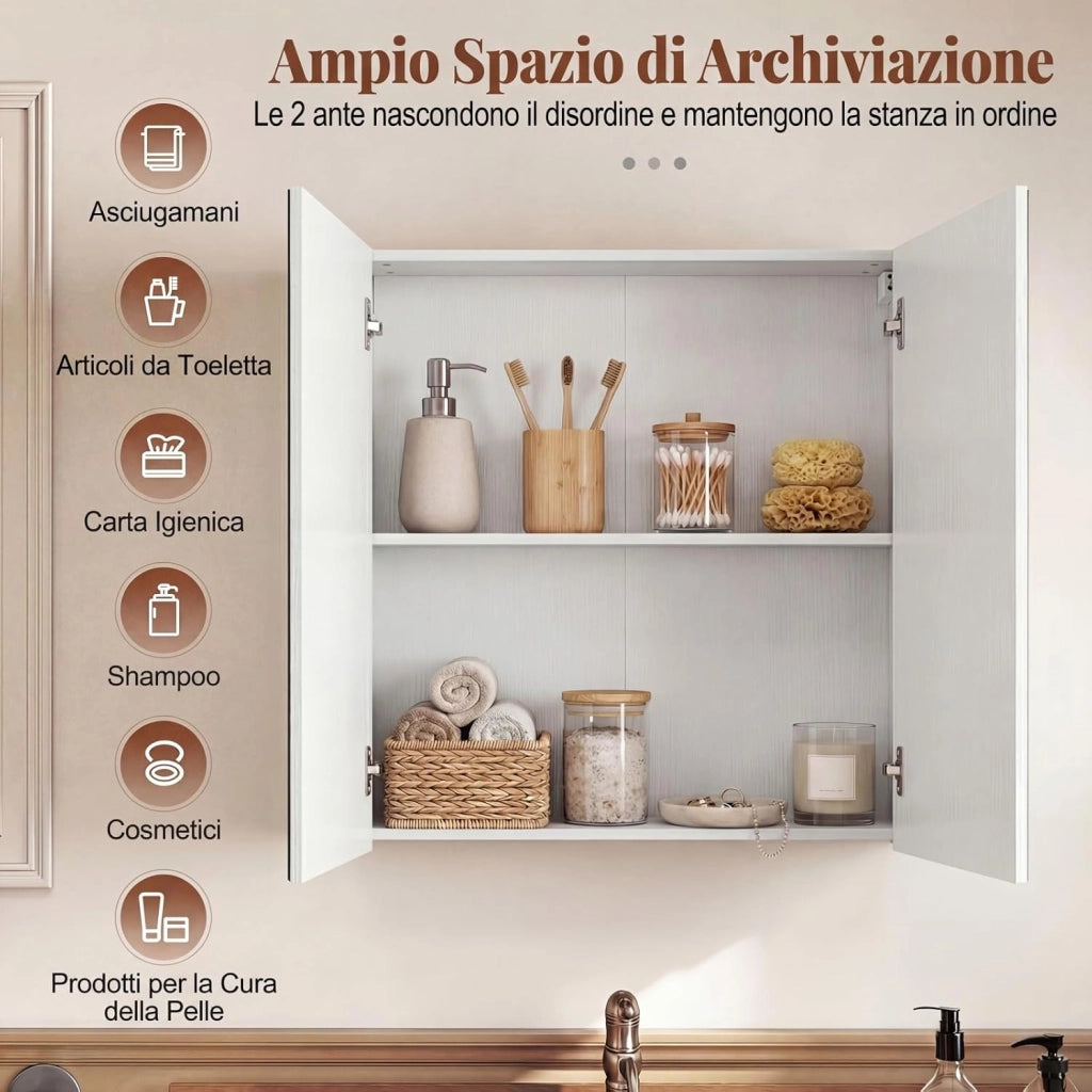 Armadietto da Bagno con Specchio a 2 Ante, Mobiletto da Parete Pensile Salvaspazio in Legno, Mobile Bagno Sospeso per Camera da Letto, Ingresso e Soggiorno, 62 x 11 x 65 cm (Bianco)