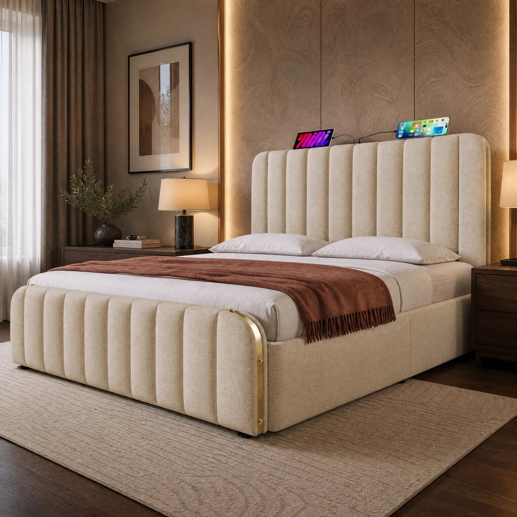 Letto Contenitore Matrimoniale 160x200 cm; USB e Type-C; in Lino Beige