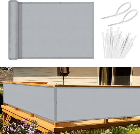 Schermo per balcone, protezione visiva, tenda per balcone, 90 x 600 cm, schermo per vento, opaco, rivestimento per balcone, PES 170 g/m², protezione dal vento e UV, con fissaggi e cavi, grigio chiaro