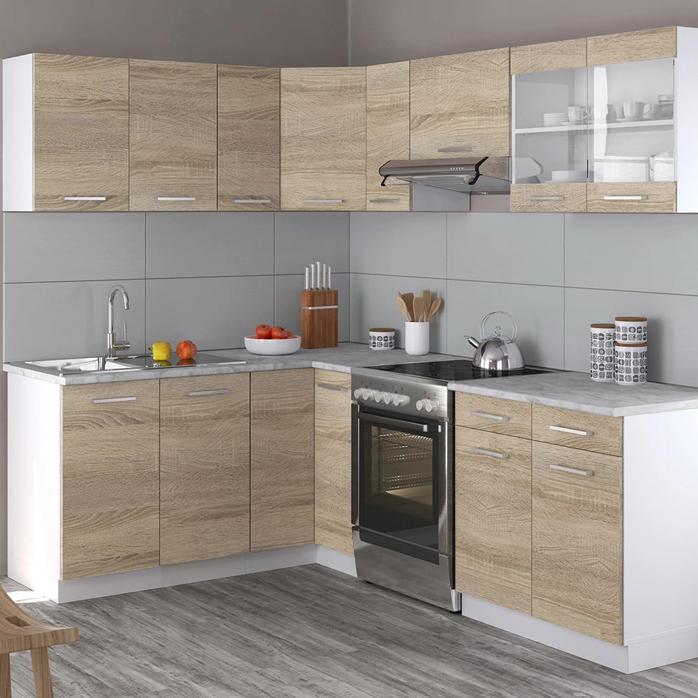 Cucina ad angolo Rick Sonoma/Bianco 227 x 167 cm, PL Marmo con striscia LED Vicco