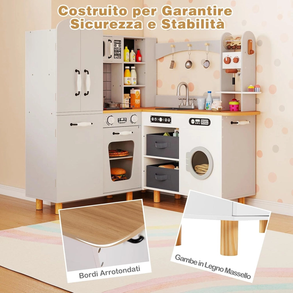 Cucina Giocattolo per Bambini, Cucina da Gioco ad Angolo con Fornelli, Frigorifero, Macchina da Caffè, Microonde, Lavatrice e Accessori, con Suoni e Luci per Bambini 3+ Anni (Bianco)
