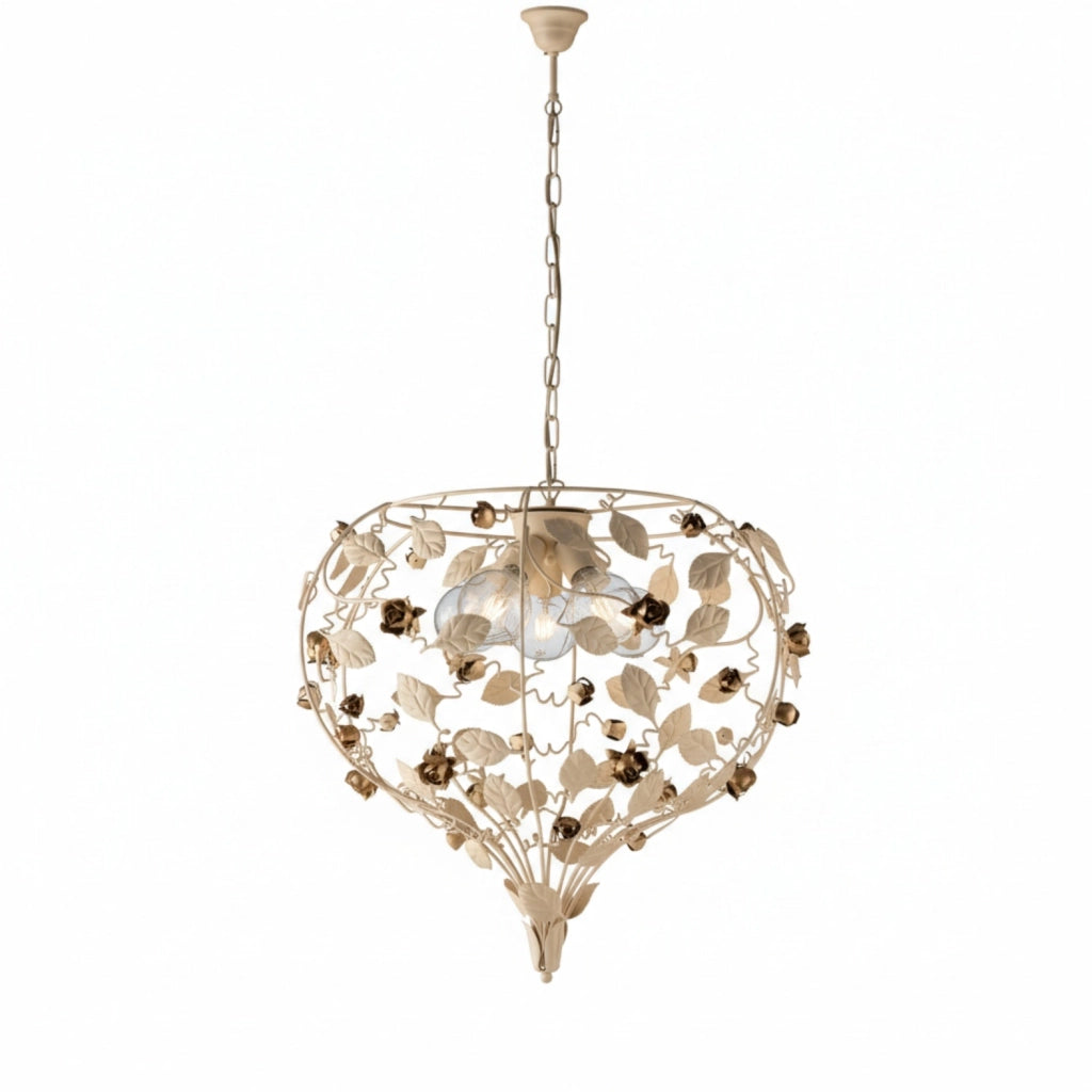 Lampadario Shabby Chic Bella Metallo Avorio Oro 5 Luci E27