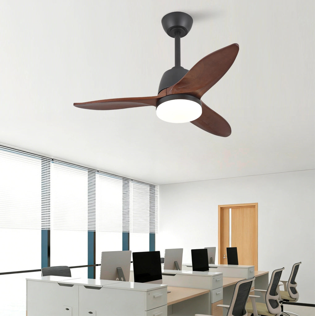 Ventilatore da soffitto moderno 36 pollici con LED; 3 pale in legno massello; nero e noce scuro