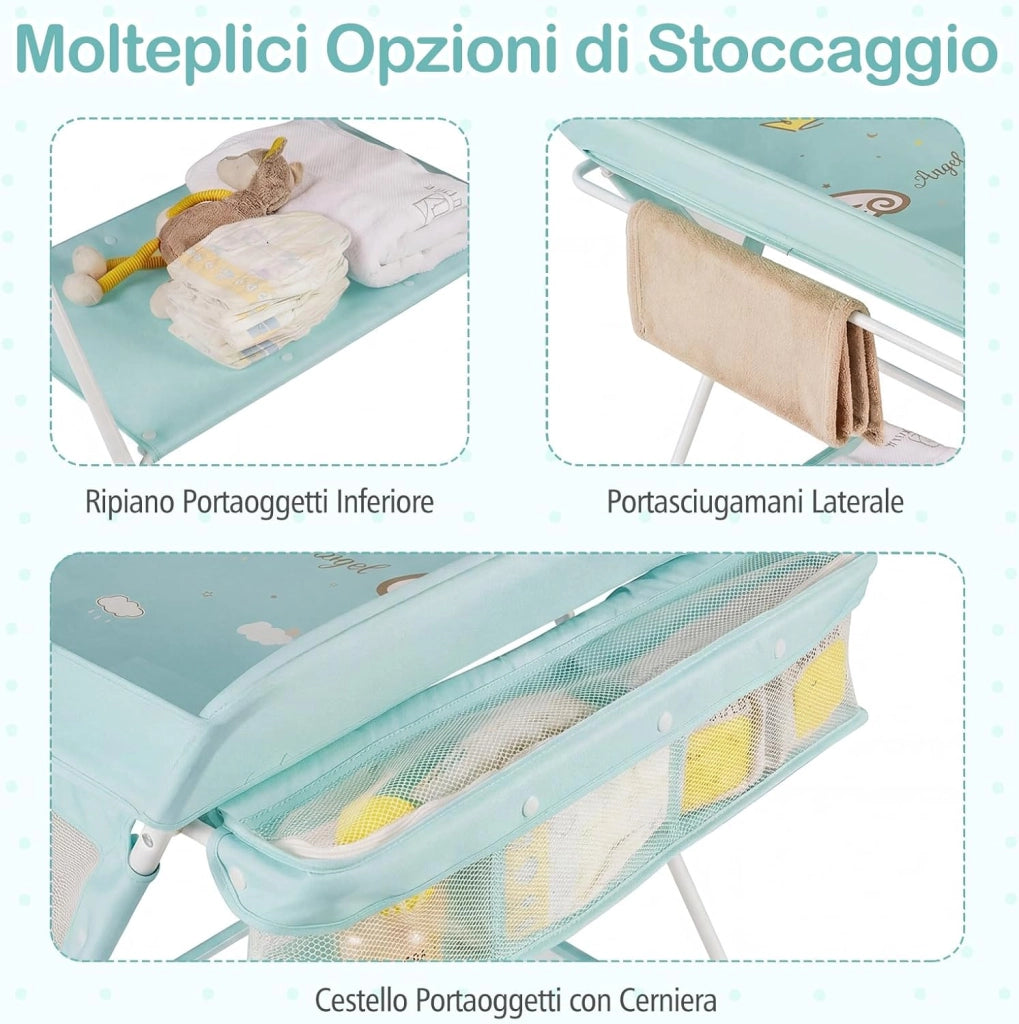 Fasciatoio Pieghevole per Bambini, Fasciatoio Portatile con Altezza Regolabile a 3 Livelli, Fasciatoio Neonato con Ruote di Bloccabili, Ripiano, Porta Asciugamani, per 0-12 Mesi (Verde)