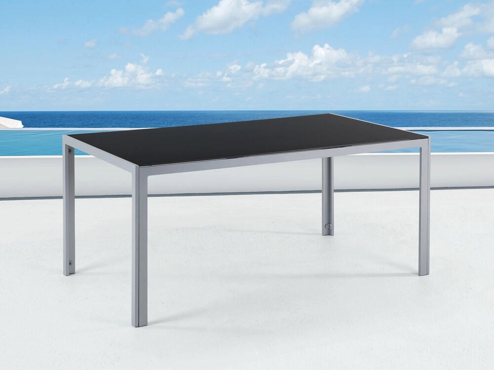 Tavolo da pranzo da giardino Piano in vetro temperato Nero Struttura in alluminio grigio 160 x 90 cm