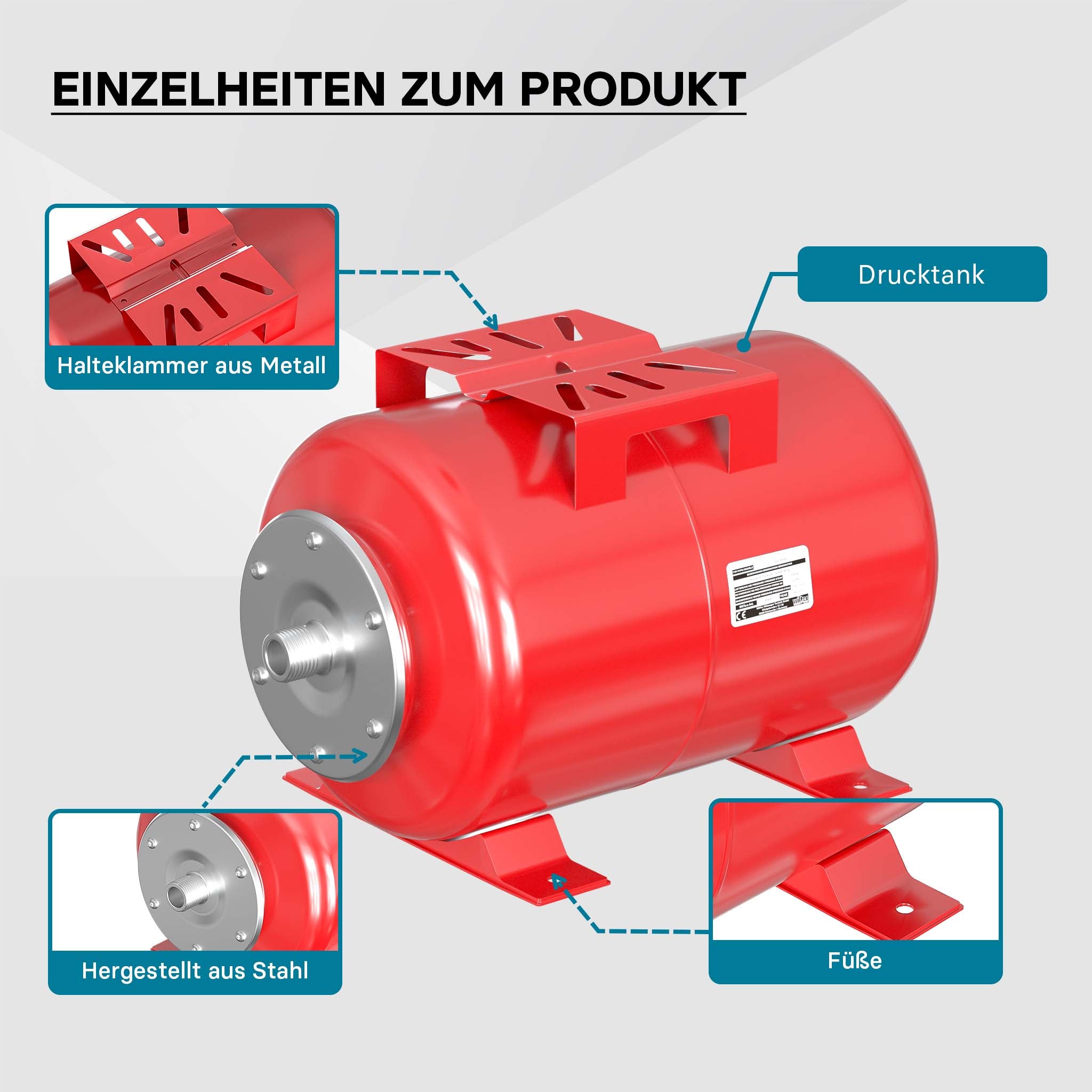 Vaso di espansione 100 l orizzontale per impianti idrici, sistemi autoclave, con membrana EPDM