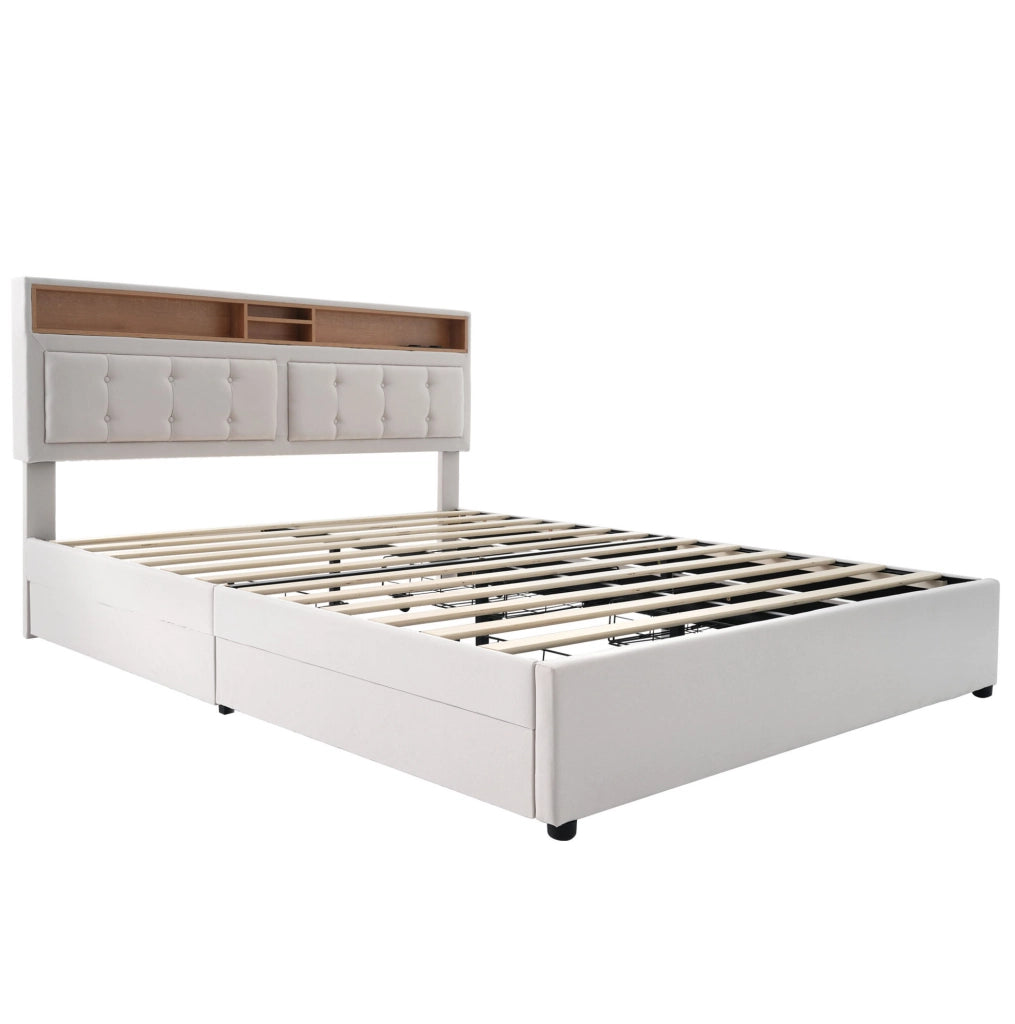 Letto matrimoniale 140x200 cm con 4 cassetti; USB C; testiera regolabile; lino beige