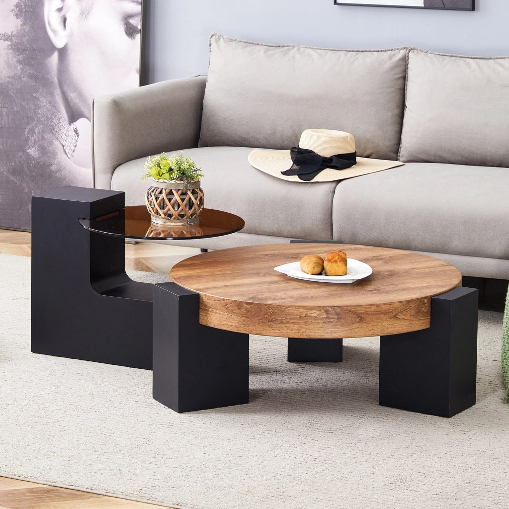 TAVOLINO DA SALOTTO Rotondo 2 piani 61 cm Vetro/MDF Nero-Legno Set 2 pezzi