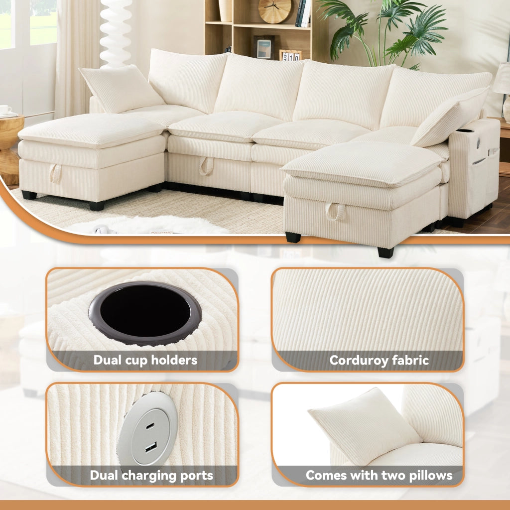Divano modulare angolare 5 a 6 posti con contenitore, porte USB, portabicchieri e cuscini, in velluto a coste, Beige