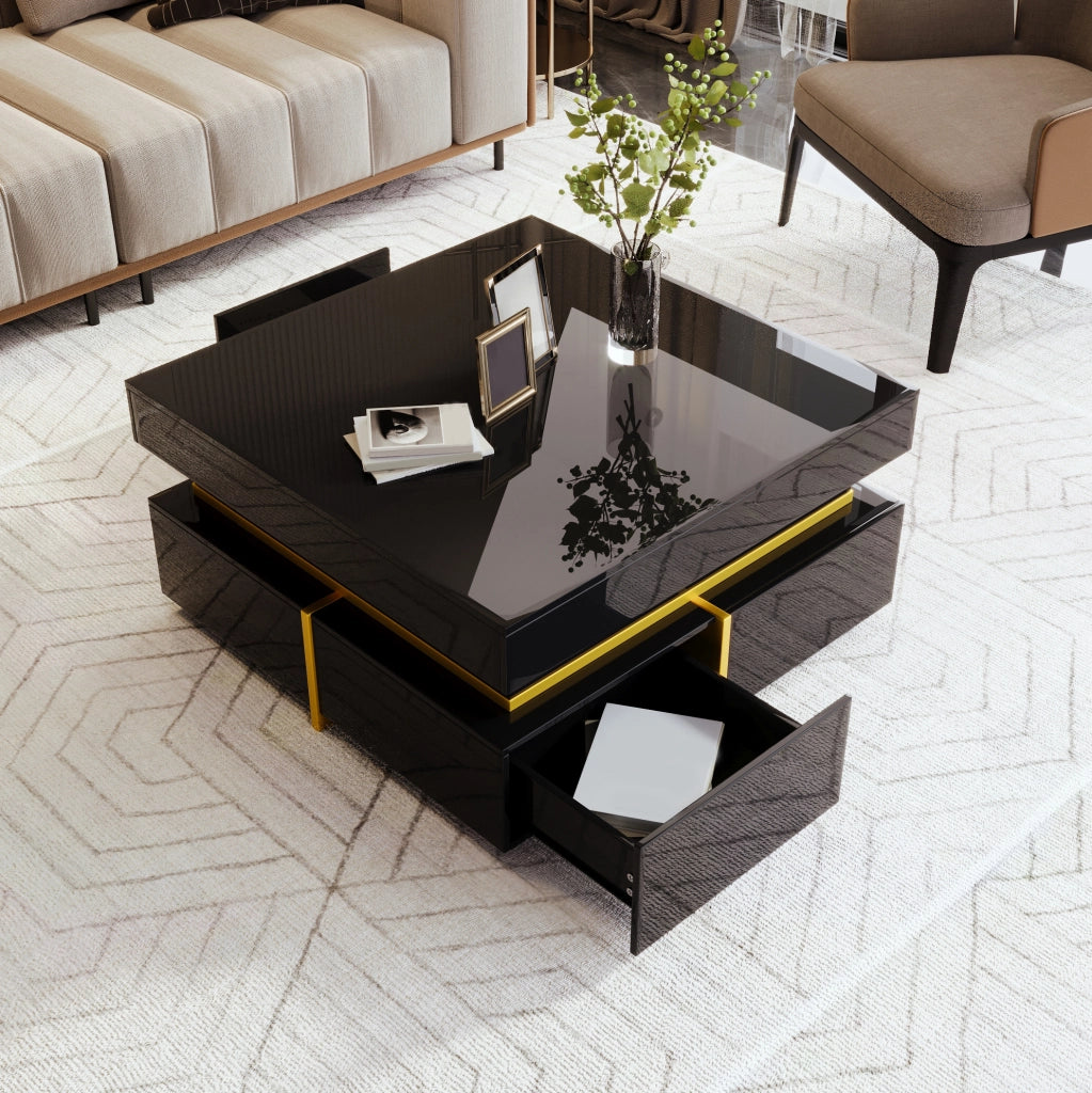 Tavolino da salotto nero lucido 70x70 cm con 2 cassetti e dettagli dorati
