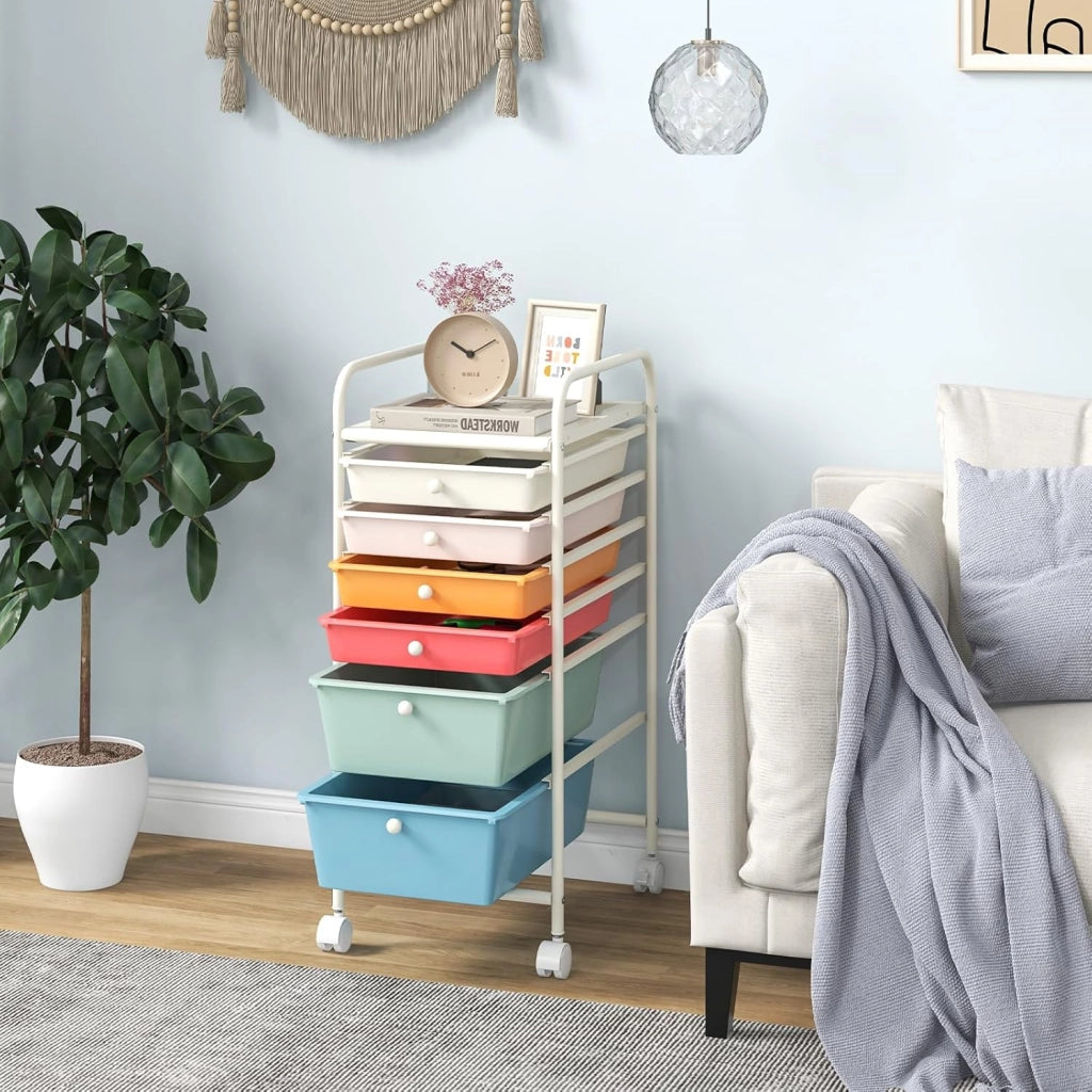 Carrello con 6 Cassetti e Ruote, Cassettiera in Plastica, con Due Dimensioni di Cassetti, Contenitore Multiuso per Casa Bagno e Ufficio, 37 x 74 x 32cm (Morandi)