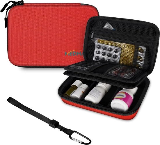 Organizzatore di pillole - Borsa medica trasportabile per viaggio - Resistente allo shock e impermeabile - Ideale per medicinali e vitamine - Rosso - Large