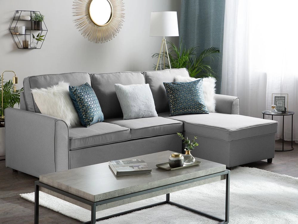 Divano Letto Angolare Imbottito In Tessuto Grigio Orientamento A versione sinistra Con Letto Contenitore
