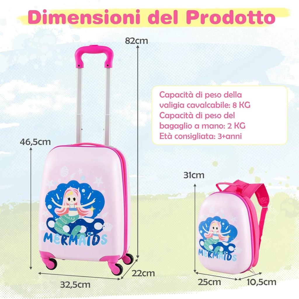 Set di Valigia per Bambini, 16" Valigia+ 12" Zaino, 2 Pezzi, con Ruote Girevoli a 360° e Maniglia Retrattile, Ideale per Viaggiare in Modo Comodo e Divertente (Modello 25)