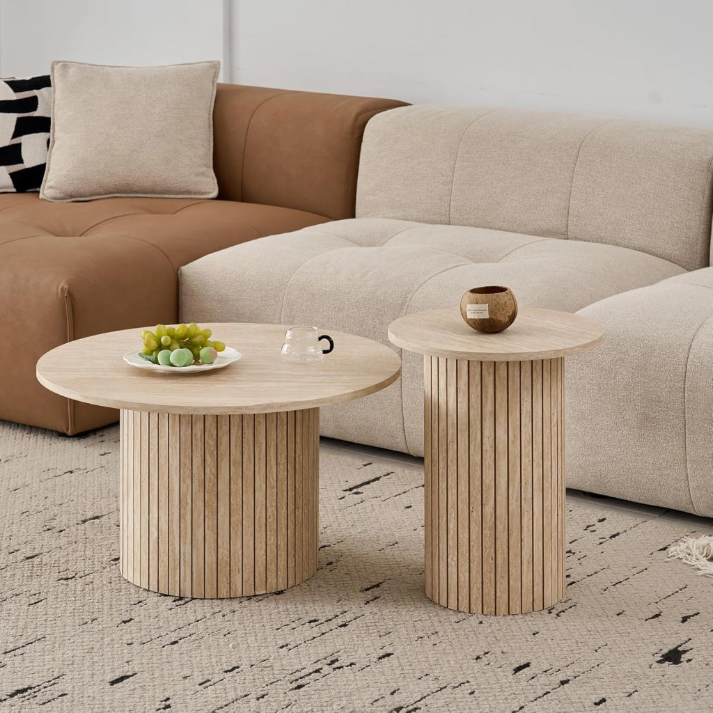 GrandCA HOME - Set di 2 Tavolini Rotondi da Caffè, Tavolino Rotondo da Divano, Piano in MDF con Base a Doghe in Legno, Ideale per Soggiorno e Ufficio (Venature in Legno Naturale)
