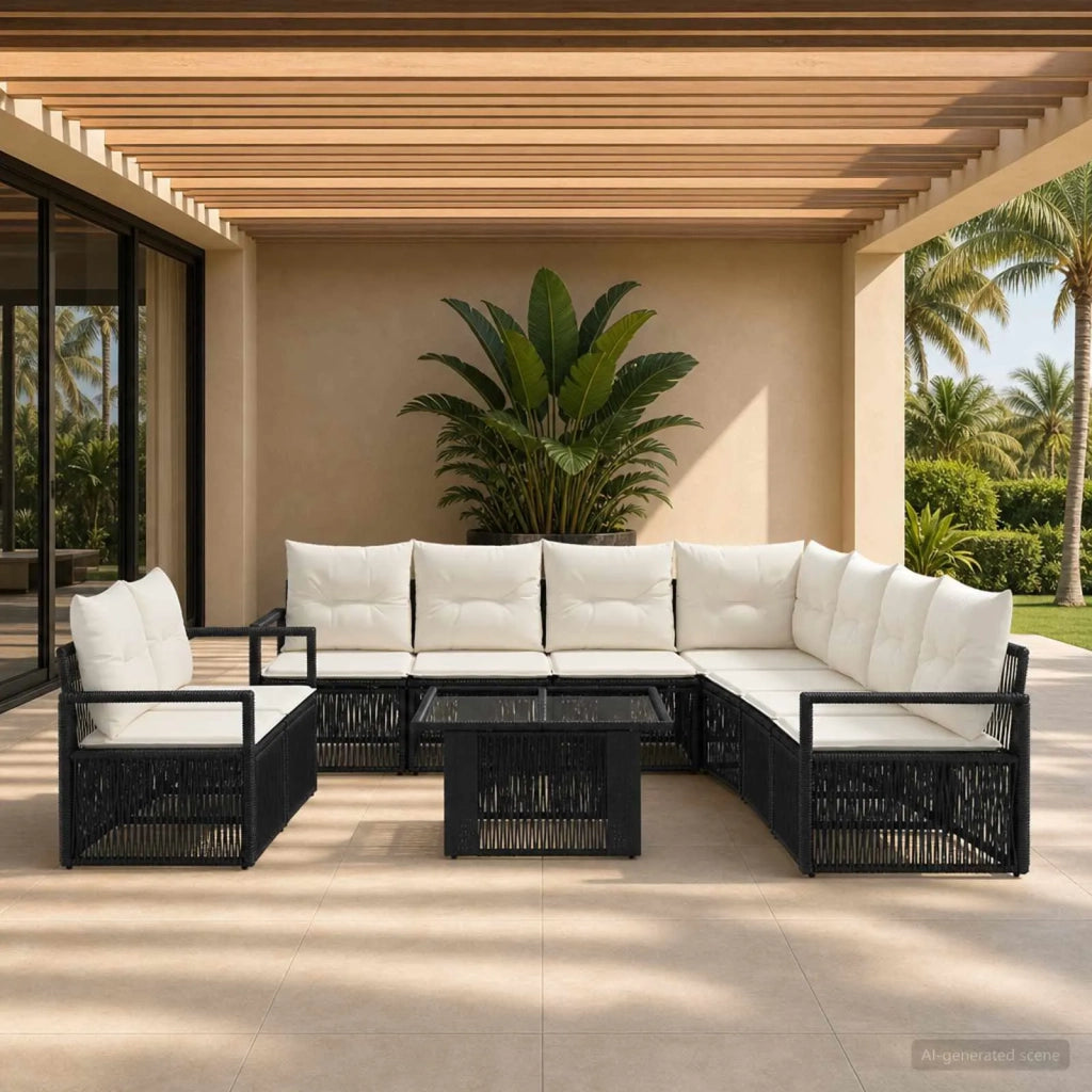 Set Divano da Giardino 10 pz Nero e Bianco Crema polyrattan 3437116