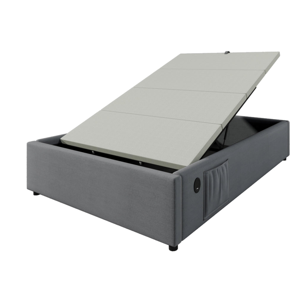 Letto singolo contenitore 90x190 cm senza testiera con USB C; cotone e lino grigio