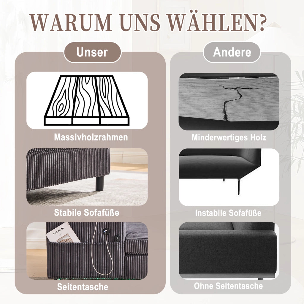 POLTRONA RELAX 142x128x85 cm in velluto a coste Grigio scuro con LED, USB e portabicchiere