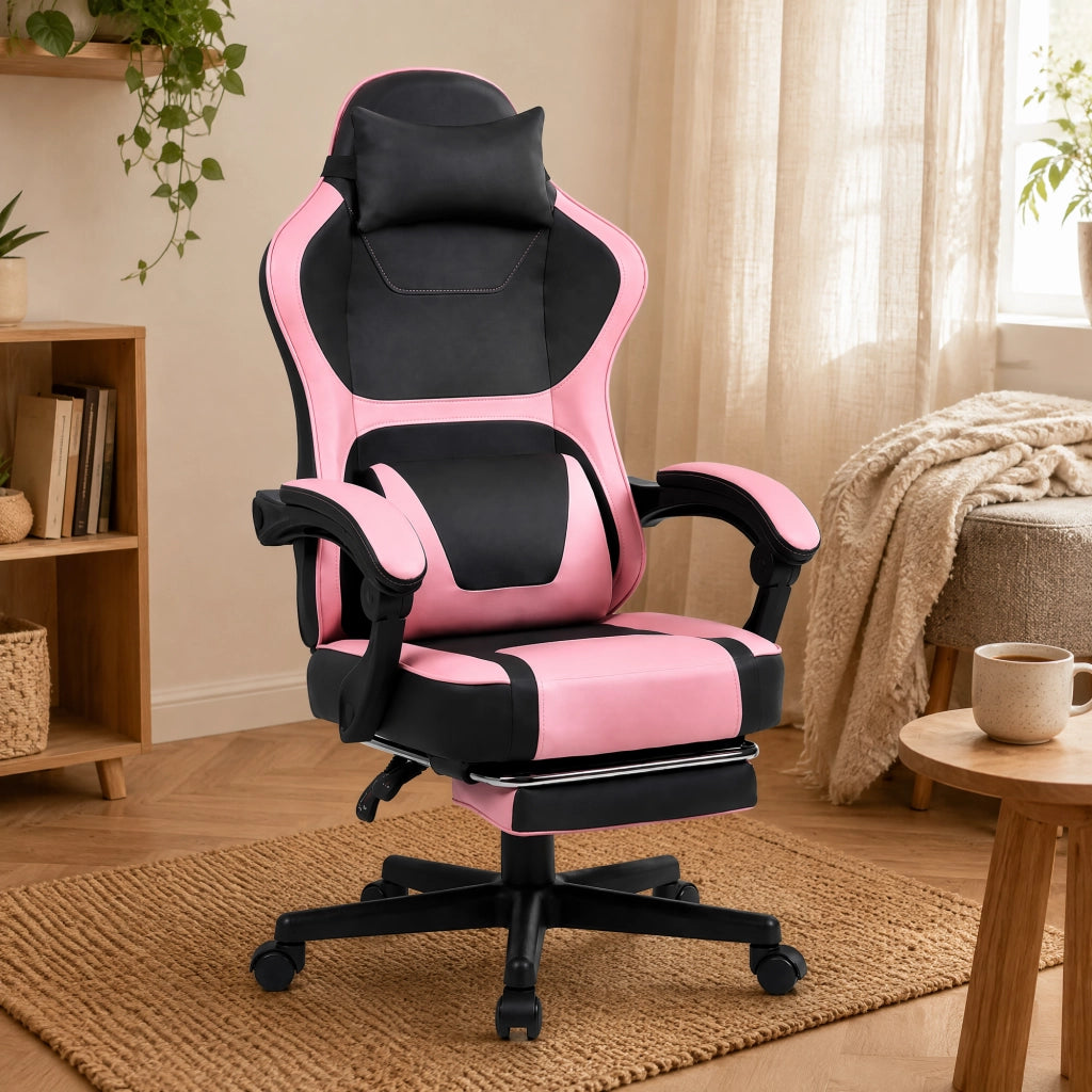 Sedia da ufficio gaming con tasca posteriore, cuciture curate e cilindro pneumatico a tre livelli in pvc rosa baby