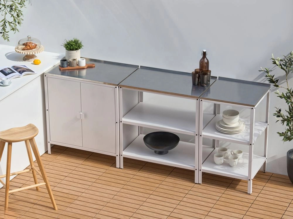 Set cucina da esterno 3 elementi acciaio inox bianco 2 armadietti portaoggetti stazione da cucina esterna