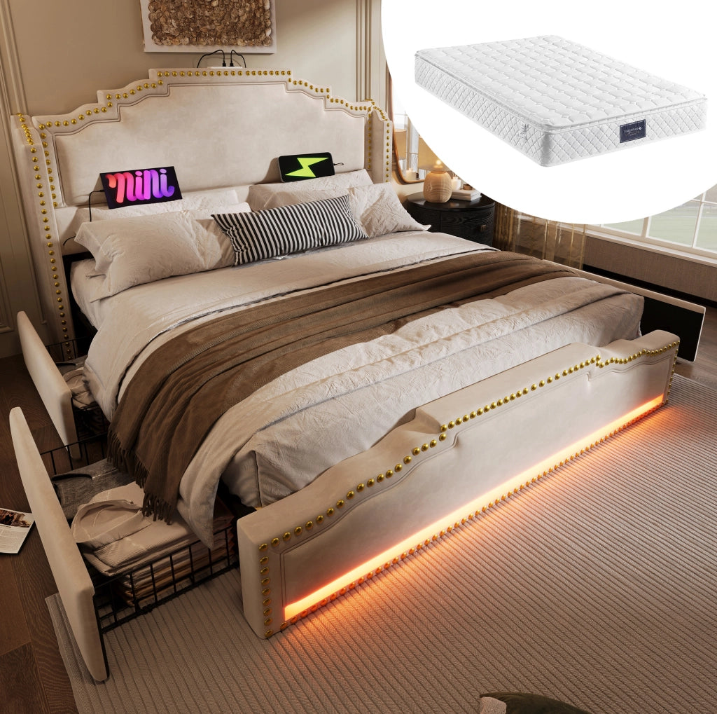 Letto matrimoniale 140x200 beige in velluto con materasso, LED, USB-C e 4 cassetti