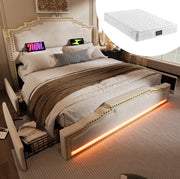 Letto matrimoniale 140x200 beige in velluto con materasso, LED, USB-C e 4 cassetti
