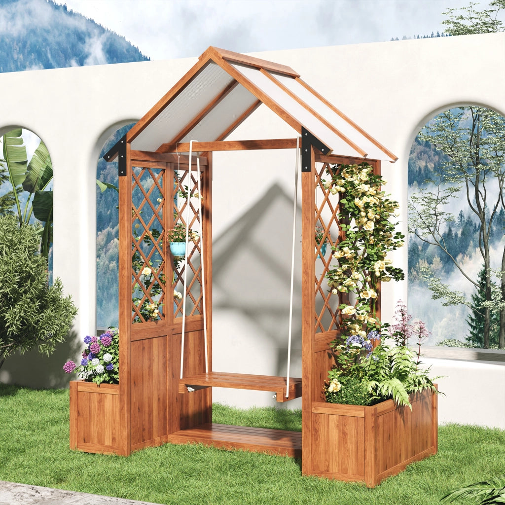 FIORIERA con spalliera e altalena 163x142x70 cm legno massello marrone