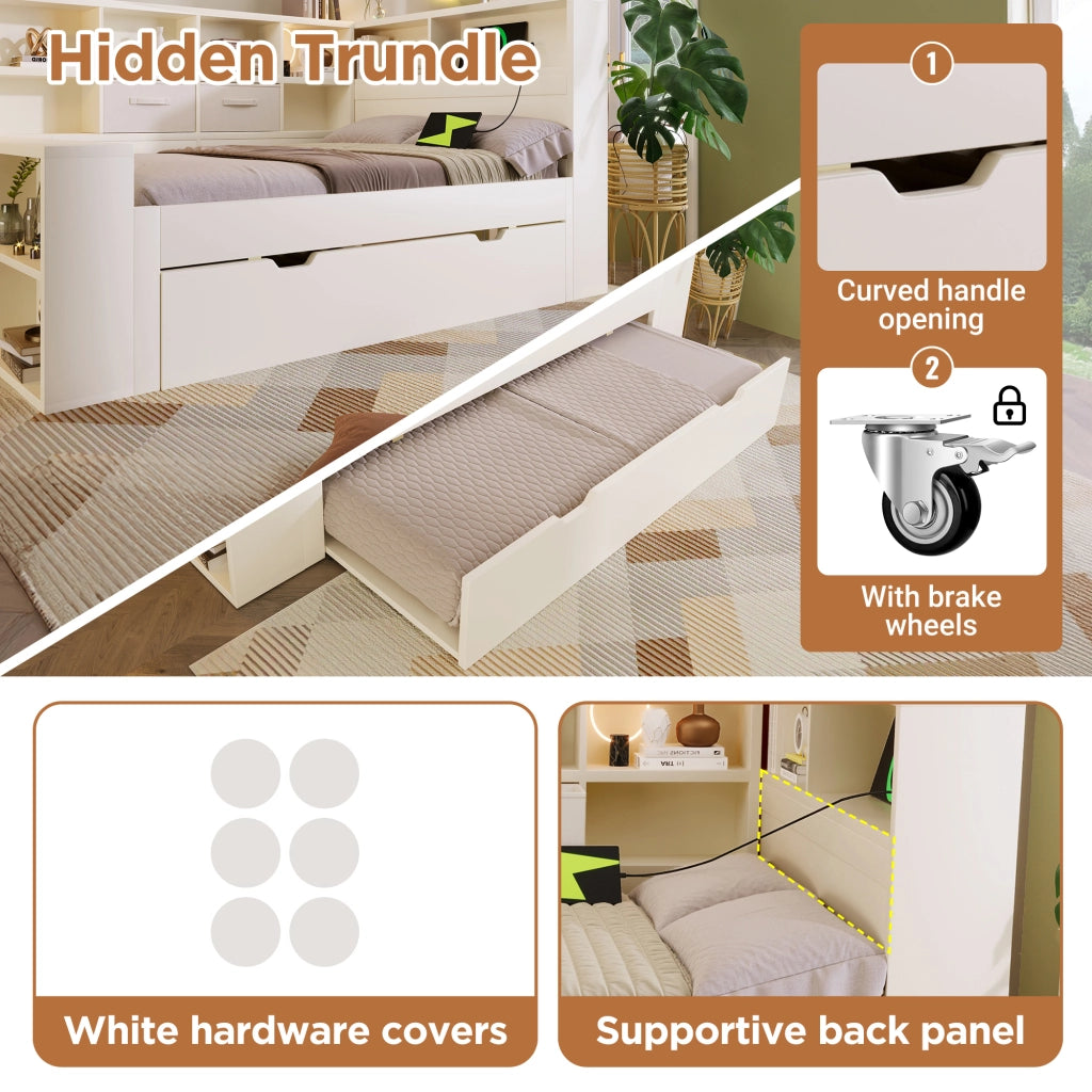 Letto estraibile 140 × 200 cm et 90 × 190 cm, 8 vani contenitore, 3 USB et 1 Type-C, senza materasso, bianco