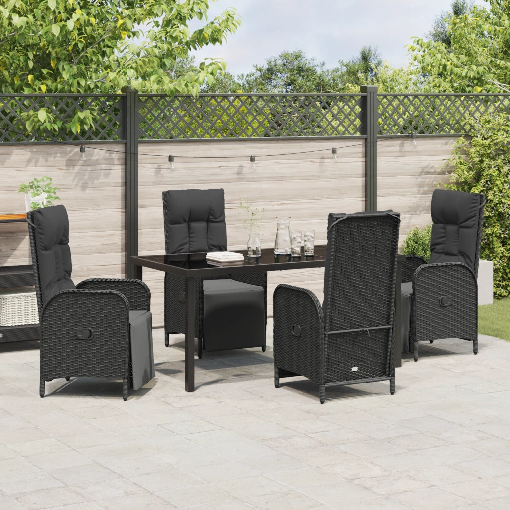 Set da Pranzo Giardino 5 Pezzi con Cuscini Nero Polyrattan