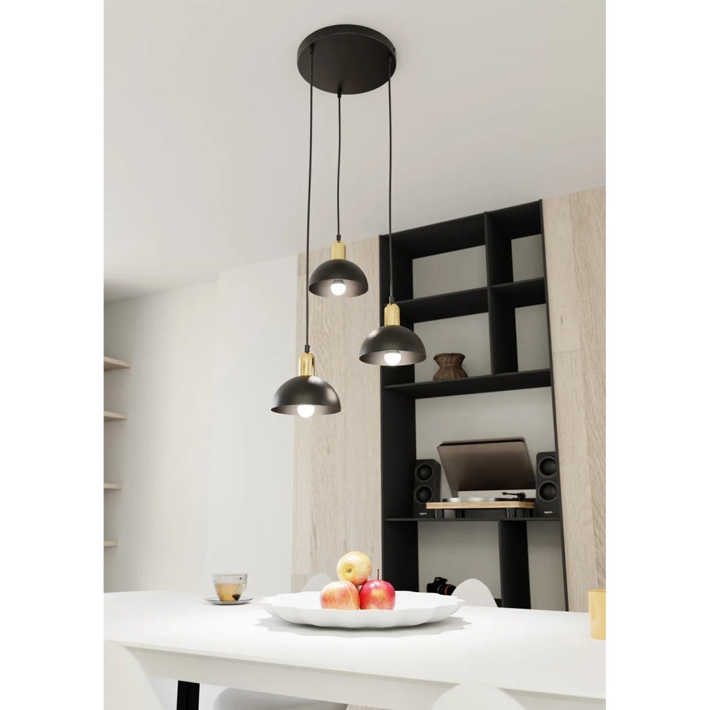 Lampadario 3 Luci Idunn Base Tonda In Acciaio Nero E Oro Diffusori A Cupola
