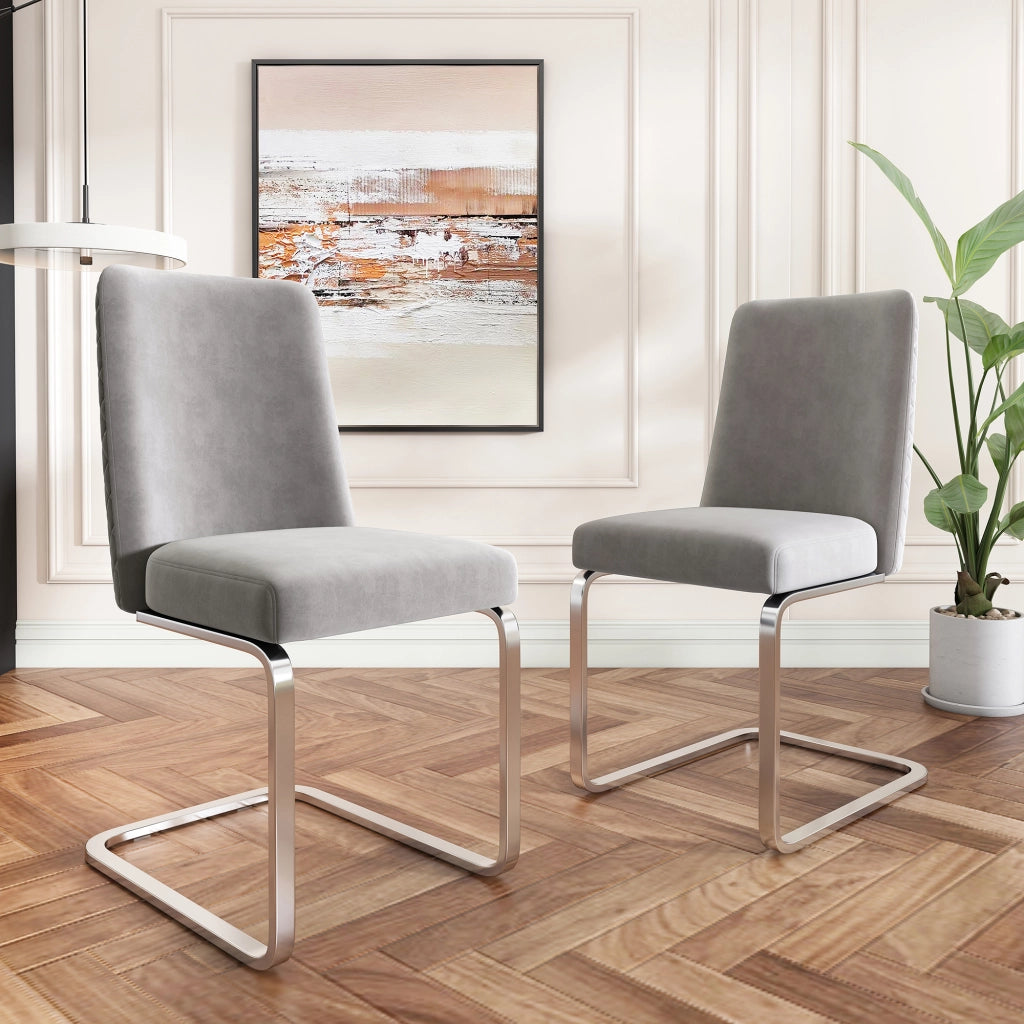 Set di 2 sedie da pranzo in velluto grigio con gambe in metallo argentato, schienale con design a rombi