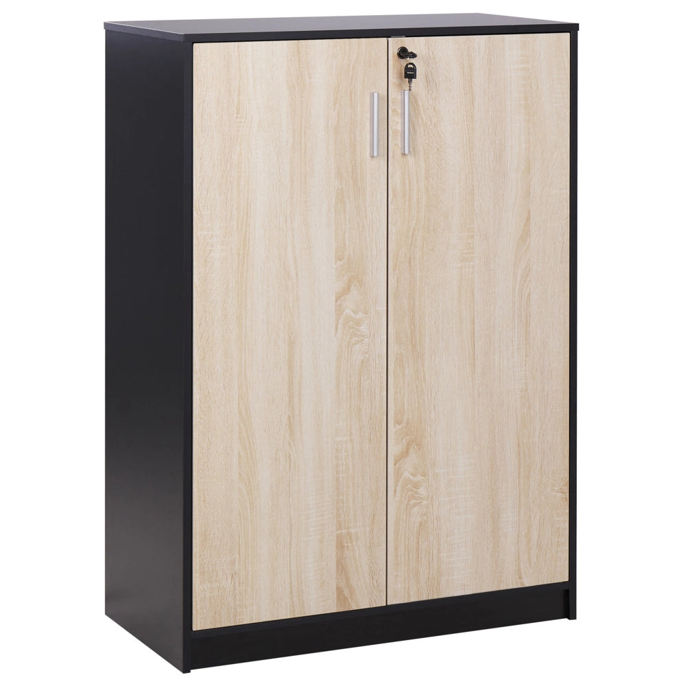 Armadietto moderno a 2 porte e 3 ripiani con chiusura a chiave in legno chiaro e nero design moderno ufficio contemporaneo
