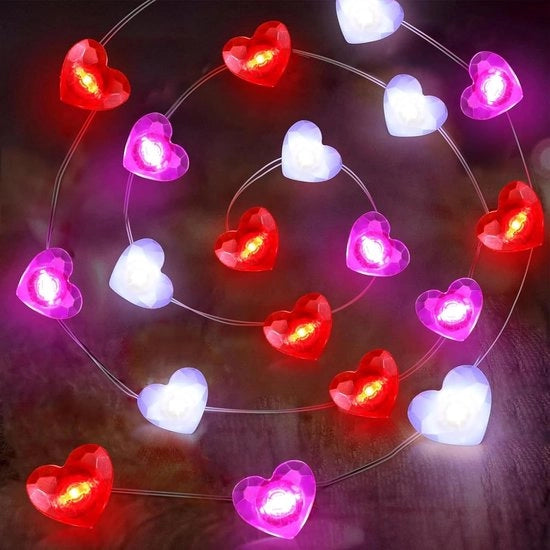 Luci da soffitto LED con cuori, 2 m, 20 LEDs, Rosso, Bianco, Blu, Alimentate a batterie per San Valentino, Matrimonio e decorazione di festa