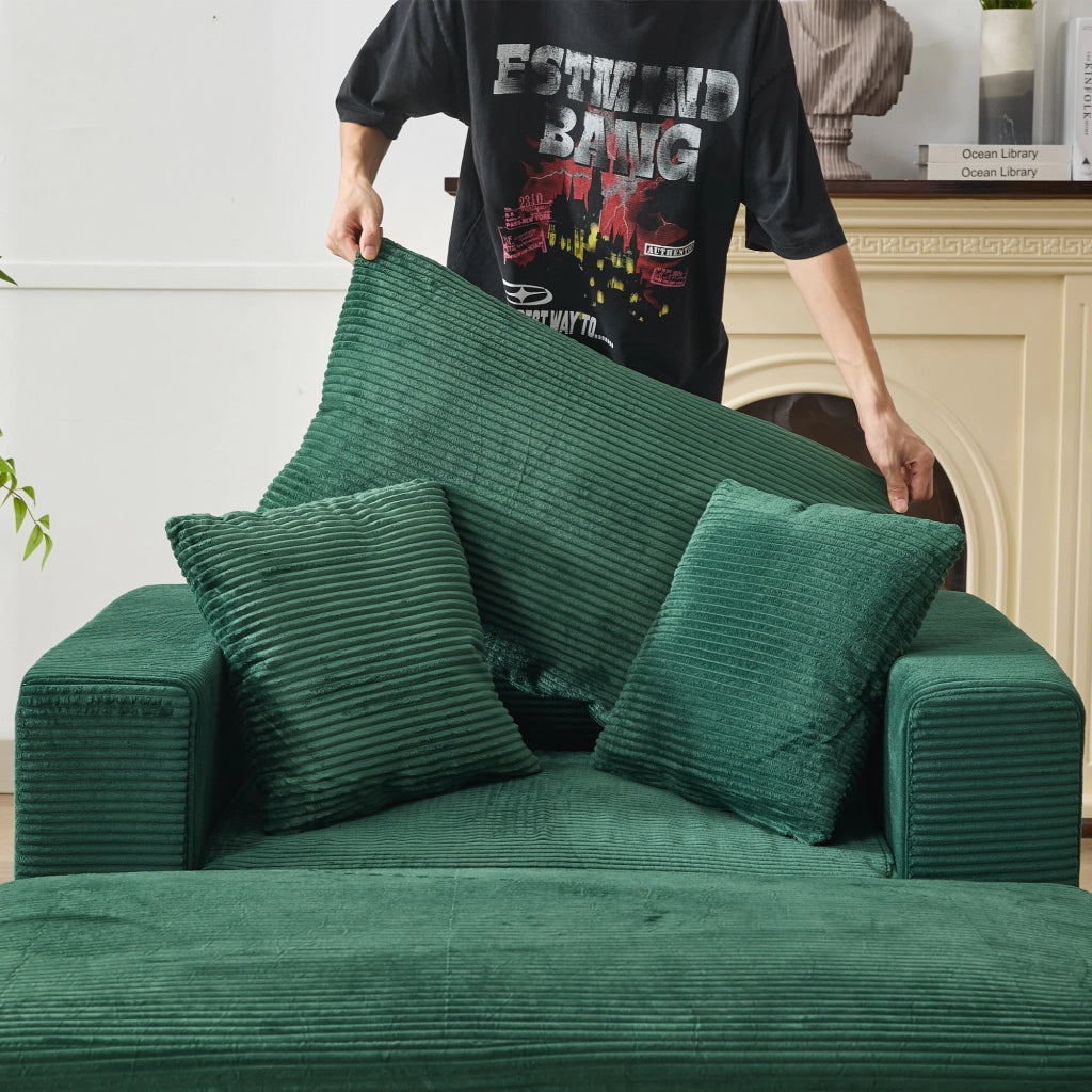 Divano chaise longue con poggiapiedi e vano contenitore, 3 cuscini, per soggiorno e camera, verde smeraldo
