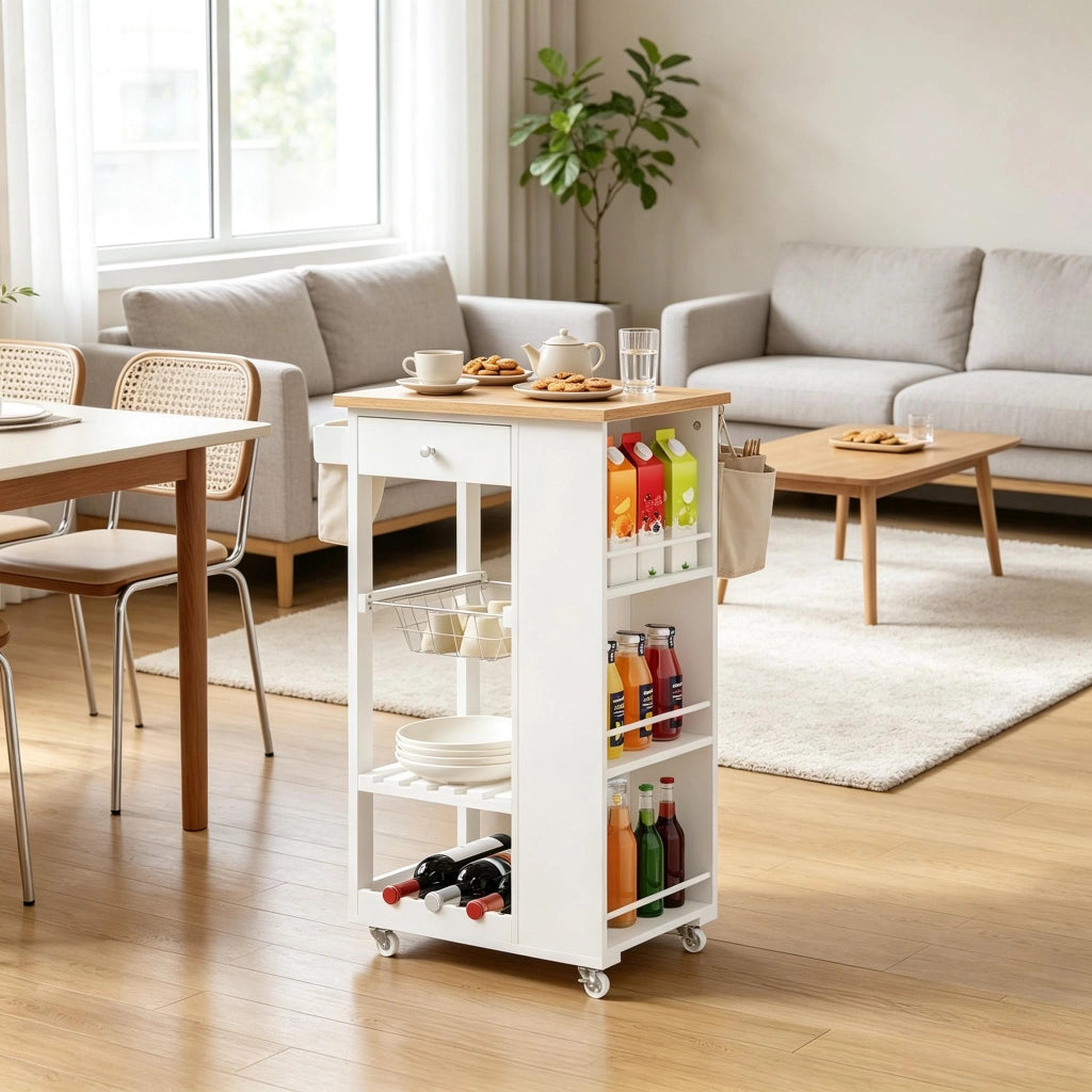 CARRELLO DA CUCINA 56,5x37x87 cm Bambù e MDF Bianco