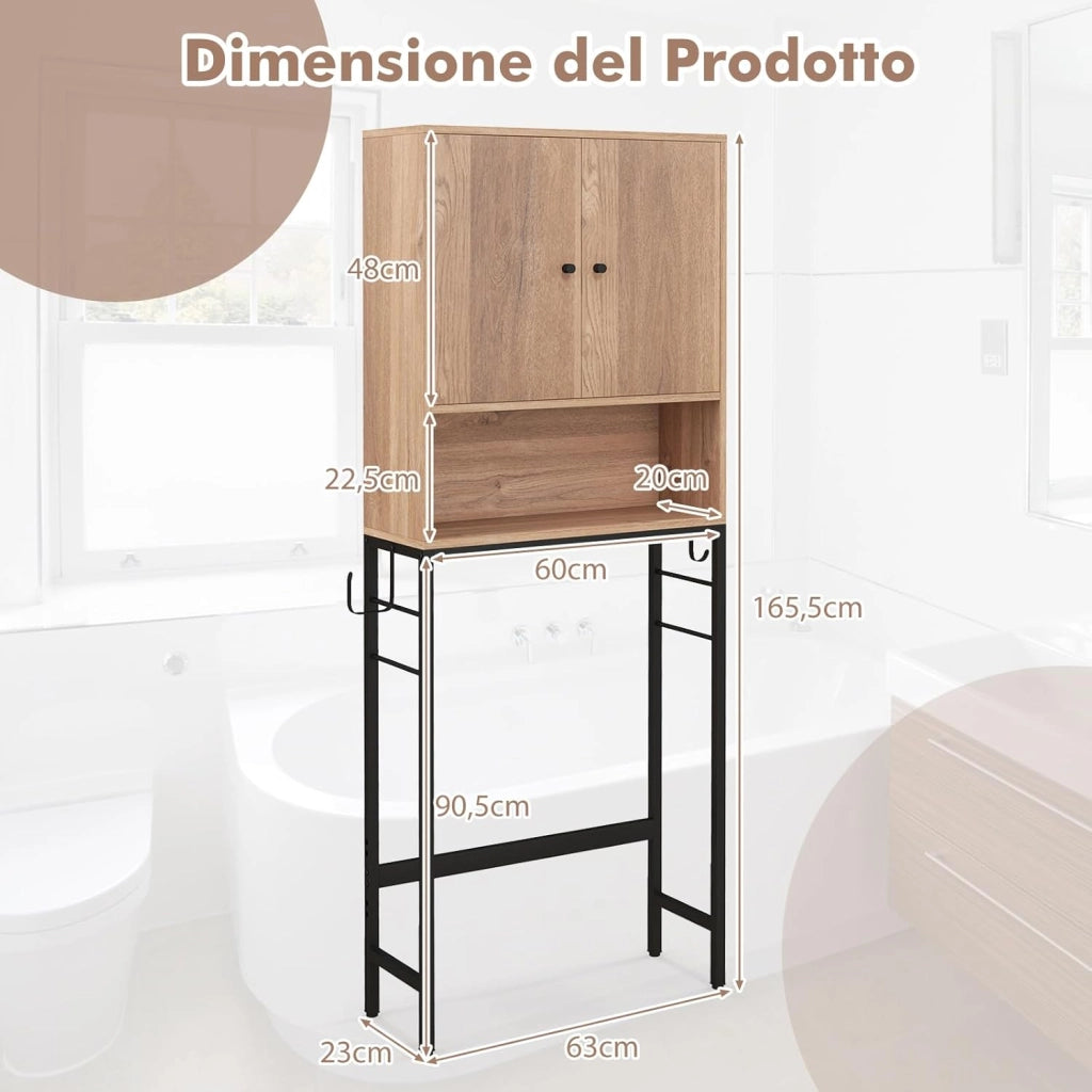 Scaffale Bagno 165,5 cm Sopra WC, Mobile Bagno Salvaspazio con 2 Porte, Ripiano Regolabile, Bara Inferiore Regolabile, 2 Ganci Laterali, Organizzatore sopra Gabinetto per Lavanderia (Naturale)