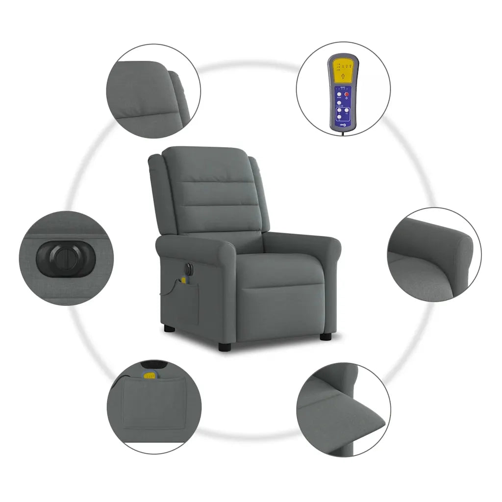 Divano Sedia-Poltrona Reclinabile Massaggio Elettrica Grigio Scuro Tessuto 607153