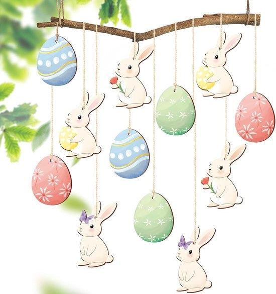 Decorazioni di Pasqua in legno - 12 cesti di Pasqua e uova per appendere - decorazioni moderne di Pasqua indoor e outdoor