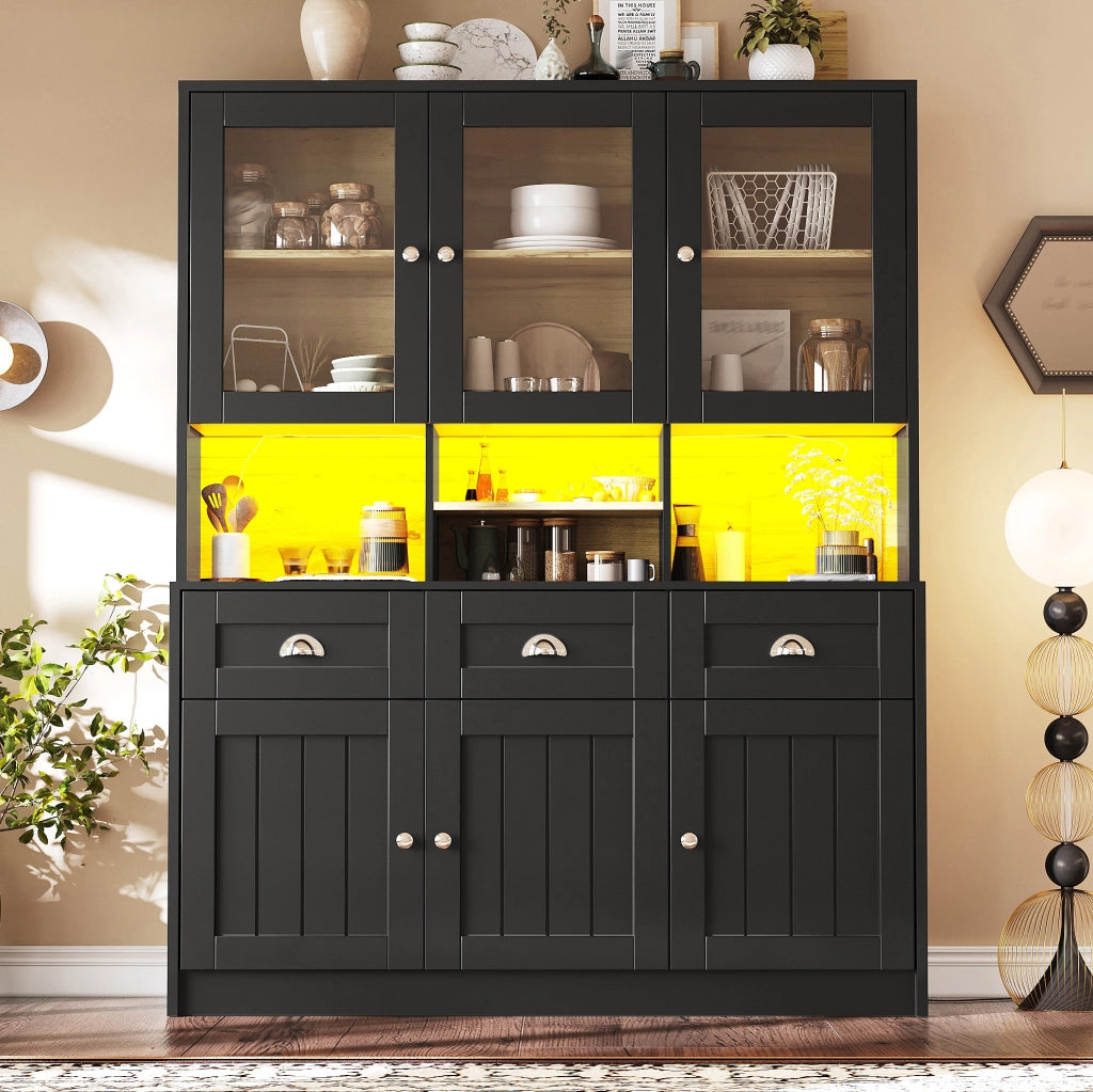 Credenza alta da cucina 140x40x175 cm con LED; 3 cassetti e ripiani regolabili; nera