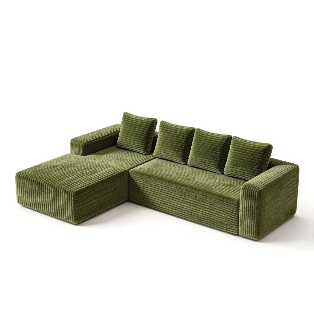 Divano modulare con chaise longue e seduta profonda; in velluto a coste verde 261×168×58 cm
