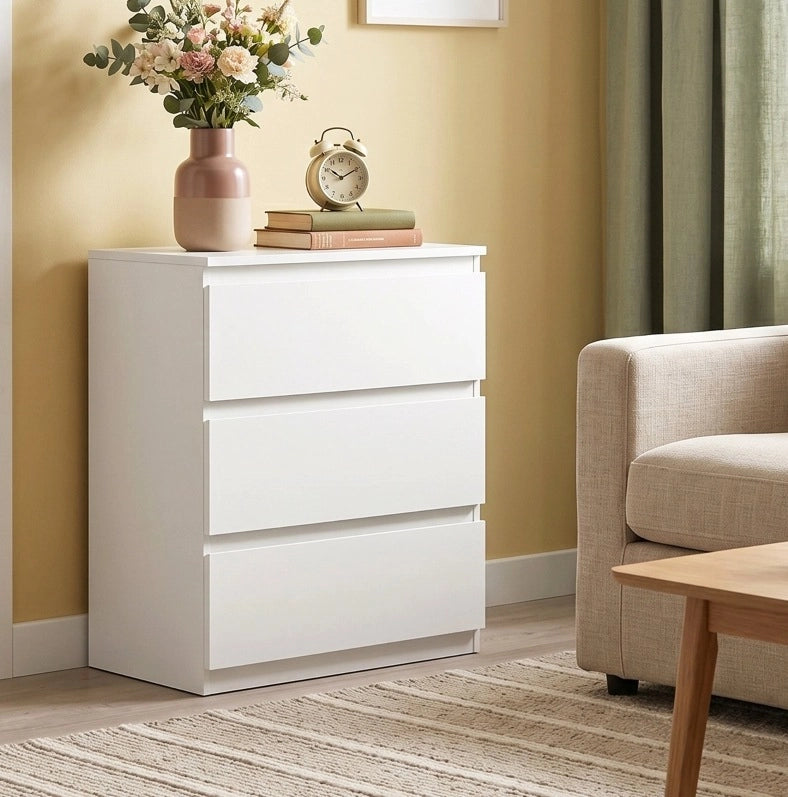Comodino con 3 cassetti, mobile contenitore moderno per camera da letto, bianco